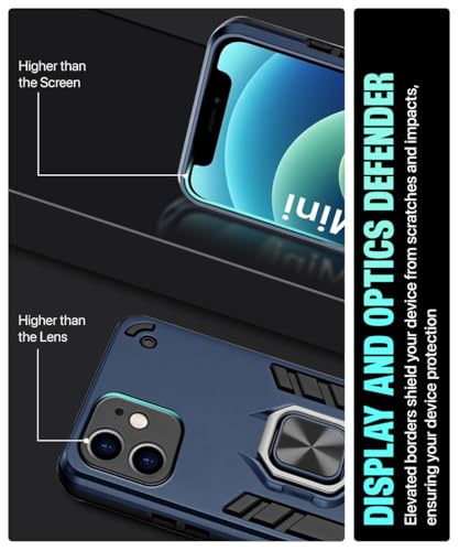 Image of WOW IMAGINE Shock Proof Back Case Mobile Cover for iPhone 12 Mini | Back Cover Case (Tough Armor | Hybrid PC + TPU | Ring Holder & in-Built Kickstand | Blue)