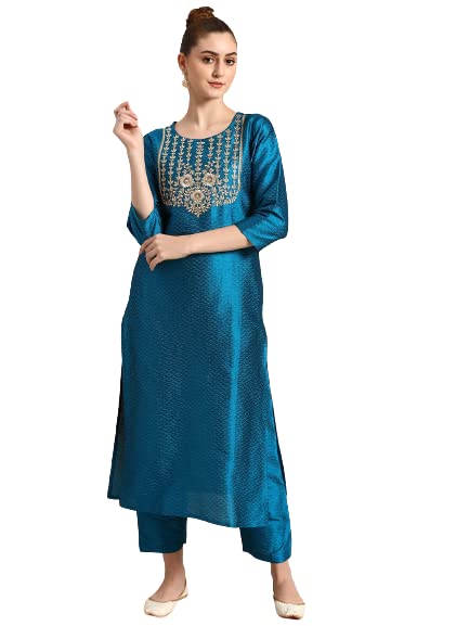 EVANTAWomen's Silk Embroidery Stitched Kurti With Pant Set (EV-VRN3101_Variation)