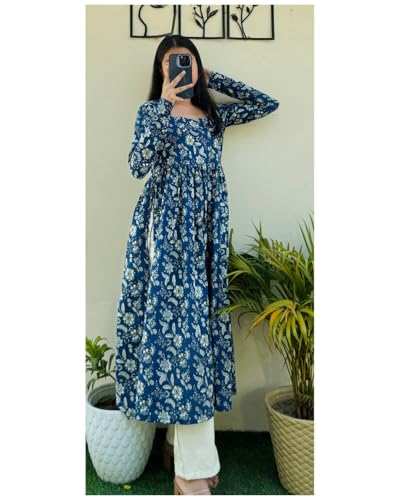 Image of Dhanna Fashion Women's Cotton Floral Print Kurta,Long Sleeve, A-Line Style