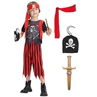 IKALI Kids Pirate Costume, Boys Caribbean Captain Costume Halloween Role Play Fancy Dress Outfit with Hat, Sword, Eyepatch, Hook 3-10 Years