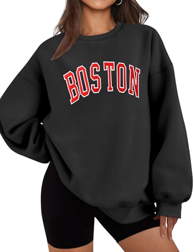 LOMON Graphic Sweatshirts for Women Long Sleeve Oversized Pullover Fleece Sweater Embroidered SweatshirtBlack-Boston M