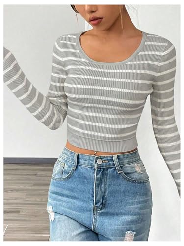 SOLY HUX Women's Fall Striped Crop Sweater Scoop Neck Long Sleeve Ribbed Pullover Jumper Tops3