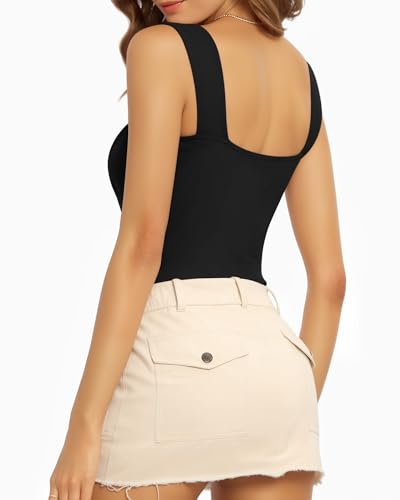 Image of MANGOPOP Women's Bodycon Backless Camisole Adjustable Spaghetti Strap T shirt Tops Bodysuits (A00 Black, XX-Large)