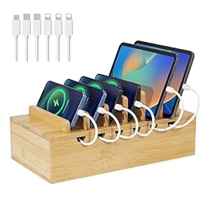 Bamboo Charging Station for Multiple Devices, Desk Docking Stations Organizer Compatible with iPhone Devices, Wood Charging Cell Phone Holder Stand (Includes 6 Cables) (NO Power Supply)
