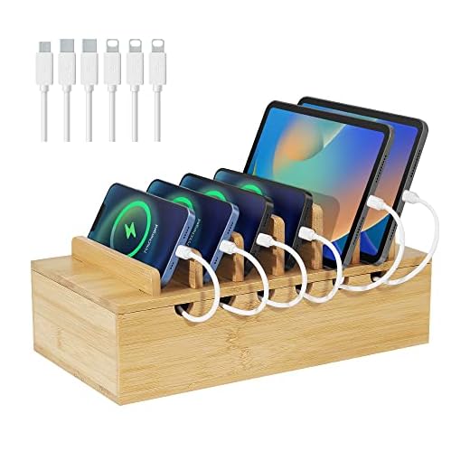 LEOKKARR Bamboo Charging Station for Multiple Devices, Upgrade Desk Docking Stations Organizer for Apple Devices, Wood Charging Cell Phone Holder Stand (Includes 6 Cables) (NO Power Supply)