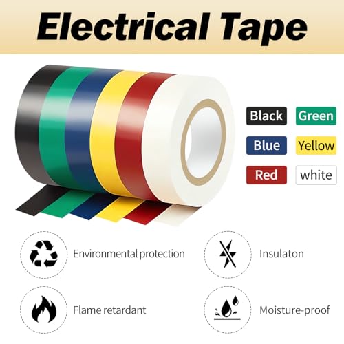 Image of 6 Rolls Coloured Electrical Tape, Flame Retardant Indoor Outdoor Waterproof High Temperature Resistance Electric Tape for Most Domestic, Commercial, and Industrial Environments, 0.7 in X 42 ft