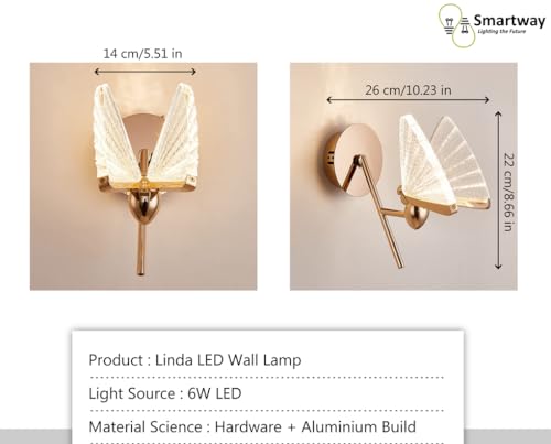 Image of Smartway Linda 6W Butterfly Modern LED Wall Lamp | 3 Color Modes | Decorative Wall Light for Living Room, Bedroom, Bedside & Home Decoration | Gold | 1-Year Warranty