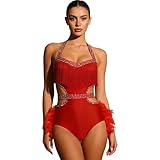 Oyolan Femme Justaucorps Danse Moderne Jazz Latine Salsa Samba Rumba avec Strass Plumes Tenue Danseuse Costume Rouge L