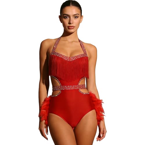 Oyolan Femme Justaucorps Danse Moderne Jazz Latine Salsa Samba Rumba avec Strass Plumes Tenue Danseuse Rouge L