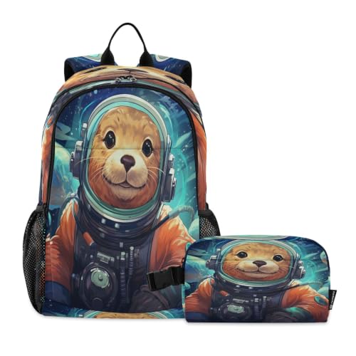 Sac à dos étudiant et sac à déjeuner motif animal de l'espace bleu pour garçons