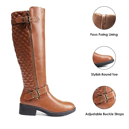 DREAM PAIRS Women's Knee-High Boots Comfortable Chunky Block Heel Round Toe Side Zipper Riding Fashion Buckles Biker Motorcycle Boots,Size 7.5,Light Brown,UTAH