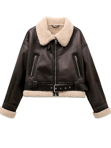 LY VAREY LIN Winter Women Faux Lamb Fur Leather Short Jacket Lapel Zipper Bomber Aviator Coat