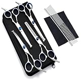 Gvolatee Hundeschere Set Profi, Fellschere Hunde Inkl Effilierschere, Hunde Schere aus Edelstahl mit Runder Sicherheitsspitze,Gebogene Schere, Gerade Schere, Fellpflegekamm, für Hunde, Katzen, Blau