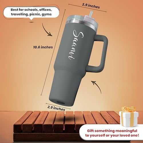 Image of SAVRI Customized Tumbler with Name, 1200 ML Stainless Steel Travel Mug with Straw, Lid & Handle, Personalised Sipper Water Bottle for Women, Men & Girls, Anniversary Birthday Gift for Office & Gym Use