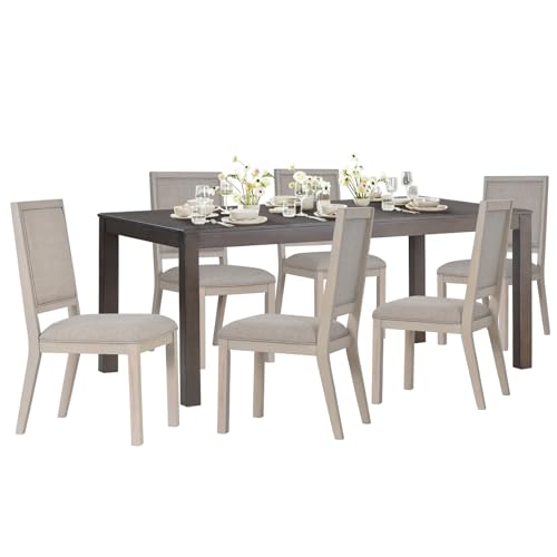 Image of COLAMY Modern Rectangular Dining Table Set, 60 inch L x 36 inch W x 30 inch H, Brown+Ivory
