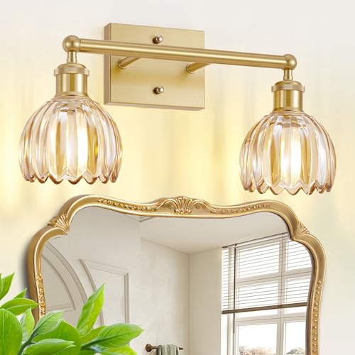 Image of 2 Light Bathroom Vanity Lights Over Mirror,Vintage Wall Sconce,Antique Brass Bathroom Light Fixtures,Tulip Sconces Wall Lighting with Amber Thick Glass Shade for Bedroom Living Room, E26 Base