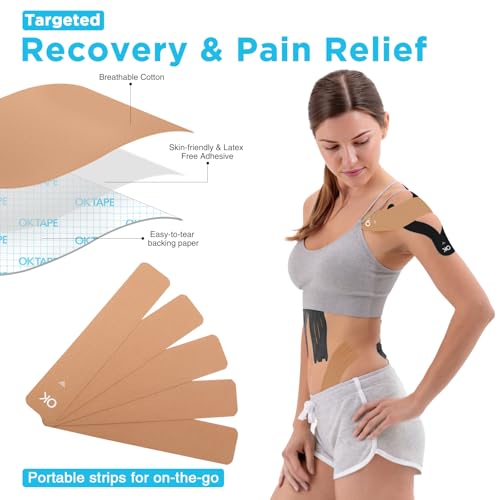 Image of OK TAPE 100Pcs Precut Kinesiology Tape Strips, Elastic Athletic Tape | for Joints Support & Muscle Pain Relief, Waterproof, Kinetic Tape for Shoulder, Knee, Ankle (Beige, 2 inch x 10 inch)
