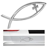 FSTURIOS Christian Cross Fish Car Emblem, Large Jesus Fish Cross Auto Emblem Badge Bumper Sticker, Weatherproof Christian Fishes Symbol Ichthus Religious Decal for Most Vehicles (Silver)