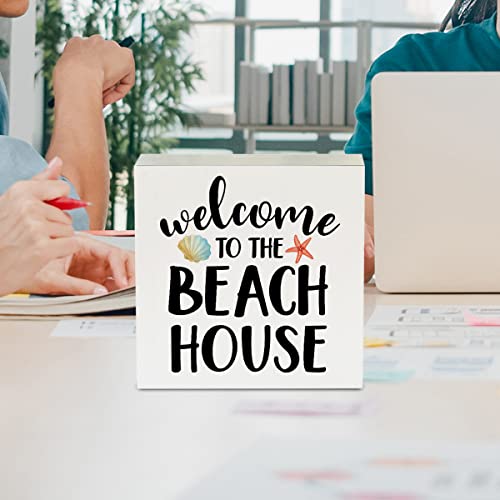 Country Welcome Beach Wood Box Sign Rustic Welcome To The Beach House Wooden Box Sign Beachy Decorative Sign Block Plaque For Home Desk Table Shelf Decor 5"X 5" #TOP3