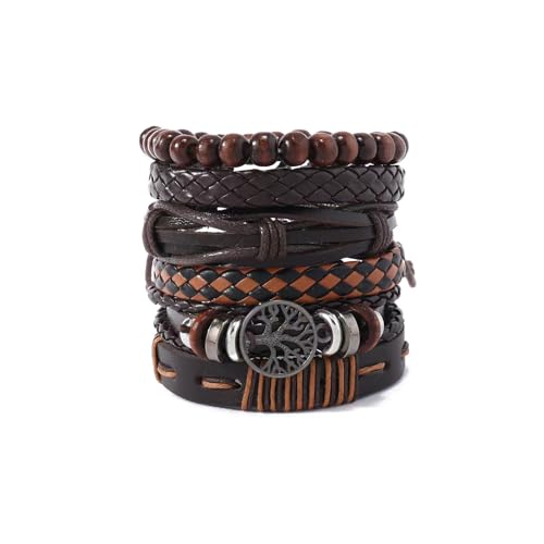 Image of QKEOISUD Leather Bracelet for Men Women, Life Tree Brown Braided Leather Beaded Wristband, Multi-Layer Adjustable Retro Mens Bohemian Jewelry Gifts for Friends Lovers Family (6 Pcs Set)