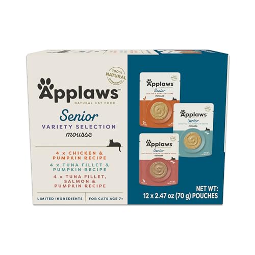 Applaws Senior Natural Wet Cat Food in Mousse, Limited and Natural Ingredients, High Protein with No Artificial Additives, Variety Selection (12 x 2.47oz Pouches)