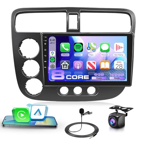 Image of [8 CORE 6G+128G] Car Radio Stereo for Honda Civic 2001-2005 with Wireless CarPlay Android Auto, 9 Inch Android 13 Touch Screen Head Unit, GPS Navi WiFi Bluetooth Mirror Link SWC HD Backup Camera