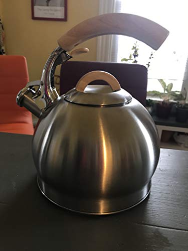 Stainless Tea Kettle ALDEN MAXWELL - Water Kettle For Stovetop - Real Wood Cool Handle Tea Pot For Stove Top - 3 Qt Whistling Water Kettle