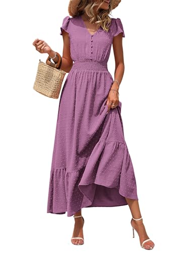 Image of PRETTYGARDEN Womens Dresses 2026 Summer Maxi Dress Boho Short Sleeve V Neck Swiss Dot Ruffle Tiered Smocked Flowy Long Dress