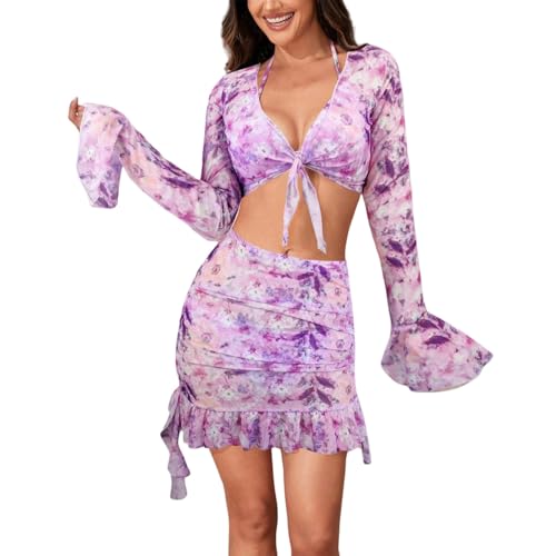 Traje de baño para mujer de 4 piezas con cuello halter con malla transparente cubierta falda bikini conjuntos de bikini verano transpirable bikini cintura alta traje de baño traje de baño, Lila2, XL
