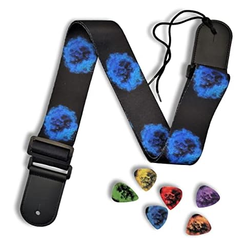 Alottagifts 2" Skull Guitar Strap Polyester Blue Flaming Skull guitar straps acoustic With Leather Ends Bonus Pick 6 Pack, Blue Flaming Skull, Large Cover