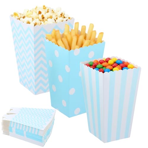 heavenlife 48 Piezas Cajas Palomitas Carton Pequeñas,3 Estilos Cartones de Palomitas,Vasos de palomitas Bolsa de Palomita,Cajas de Palomita de Maíz para Noches de Cine Fiestas Cumpleaños (Azul)