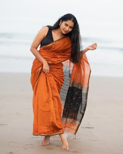 Image of Women's Banarasi Style Pure Kanjivaram Silk Jacquard Kanchipuram Pattu Saree With Un-Stiched Blouse (Orange)