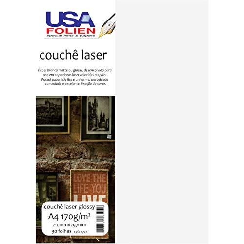 Usa Folien 7777, Papel Fotográfico, Laser, A4, Glossy Couche 170 g, Pacote de 30, Branco