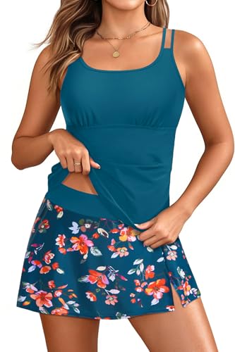Image of Women Tankini with Skirt Two Piece Swimsuits Tummy Control Bathing Suit