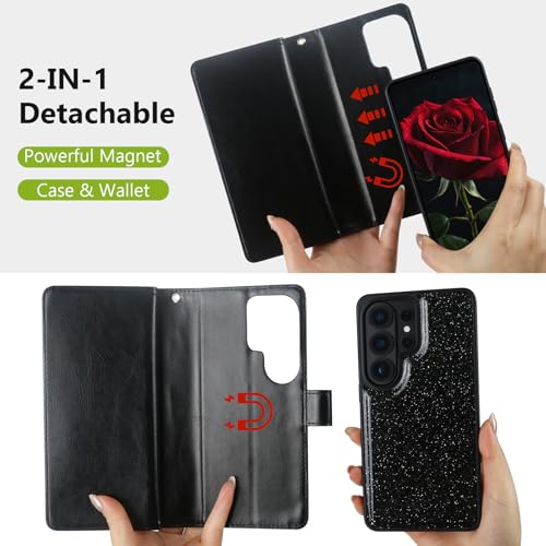 Varikke for Galaxy S26 Ultra Wallet Case Detachable with RFID Blocking Card Holder for Women, Glitter Leather Strap Magnetic Flip Removable Phone Case for Samsung Galaxy S26 Ultra 6.9", Black by Varikke - Used condition - Image 4