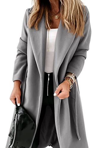 Ladiyo Womens Classic Coat Lapel Collar Open Front Belted Long Jacket