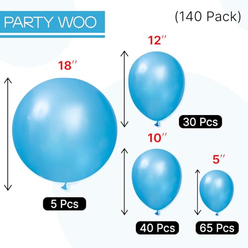 Image of PartyWoo Pearl Blue Balloons 140pcs Different Sizes of 18 12 10 5 Inch Sky Blue Latex Helium Balloon Arch Kit Garland for Graduation Baby Shower Gender Reveal Birthday Party Decorations Blue-Z23