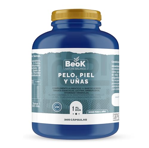 BEOK – Pelo, Piel y Uñas – 365 Cápsulas – Suplemento Alimenticio Para Piel y Uñas Con Omega 3-6, L-Cistina, Biotina Para el Cabello, Zinc y Vitaminas B