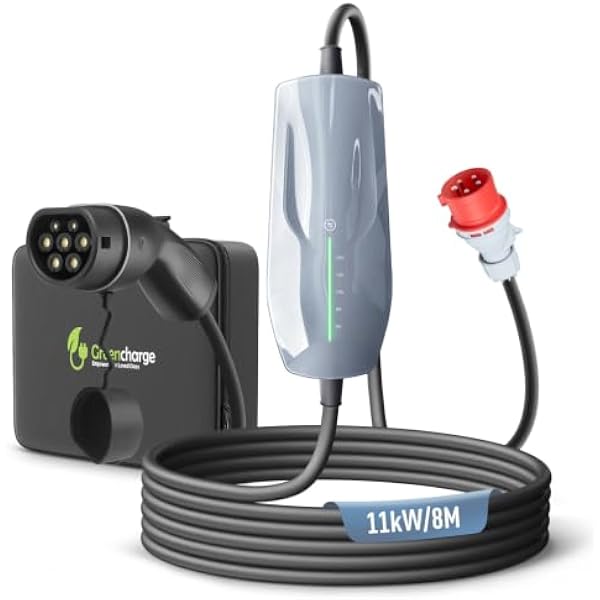 Mobilna Wallbox/stacja ładowania 11 kW z wtyczką CEE, 8 m, 3-fazowa, 6-16 A, kabel ładowania Typ 2, ładowarka EV do wszystkich EVs i PHEVS, IEC 62196-2, IP66