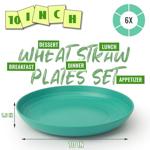 Image of 10In Deep Dinner Plates Set of 6, Unbreakable Wheat Outdoor Plates | Lightweight Plastic Plates Set for Picnic, Camping, RV - Green