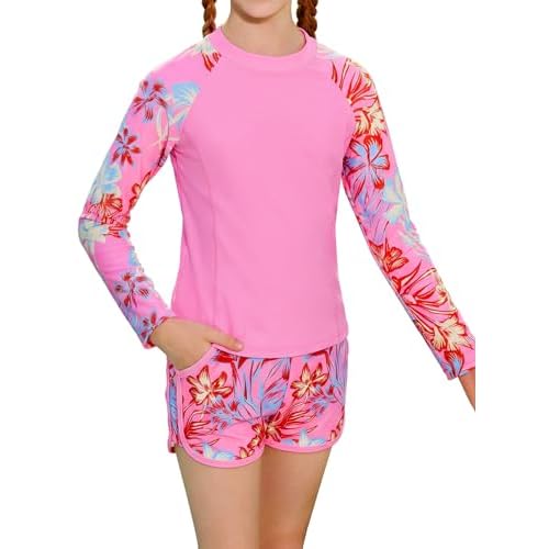 Girls Rash Guard Swimsuit Two Piece Bathing Suit UPF 50+ Sun Protection Long Sleeve Swimwear 6-14 Years 8 Pink Flower
