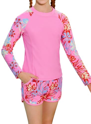 Image of Alakuoti Girls Rash Guard Swimsuit Two Piece Bathing Suit UPF 50+ Sun Protection Long Sleeve Swimwear 6-14 Years