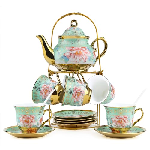 20Tlg Teeservice Porzellan Kaffeeservice Teeset mit Metallhalter 700ml Teekanne Keramik Teeset Blumendesign Goldenem Rand 6x160ml Tassen und Untertassen für Frauen Teeparty Grün