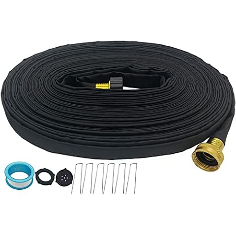 Gnimihz 75ft Flat Soaker Hose with 6 Pcs Landscape Staples, 2023 Upgraded, Drip Hose with Heavy Duty Metal Connectors, Double Layer Design, Flexible PVC Liner, Perfect for Garden Beds, Lawn, Plants Cover