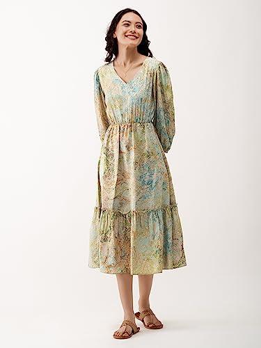 Image of AASK Abstract Printed Puff Sleeve Gathered Detailed Fit Flare Dress