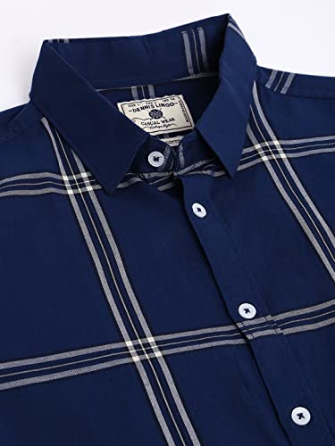 Image of Dennis Lingo Men's Plaid Blue Slim Fit Cotton Casual Shirt with Spread Collar & Full Sleeves