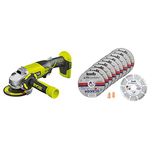 RYOBI - Meuleuse d'Angle Électrique Sans Fil 18V ONE+ Ø115mm & kwb Disques à tronçonner + disque diamant, Ø Mince Meuleuse d'angle diamant 115 mm Disque de tronçonnage p.