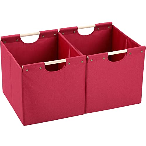 HOONEX Large Collapsible Storage Bins, Linen Fabric, Pack of 2, Storage Baskets with Wooden Carry Handles and Sturdy Heavy Cardboard, for Home, Office, Car, Nursery, Red