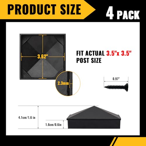 Image of VIVIDA 4x4 Aluminum Post Caps(Actual 3.5 inch x 3.5 inch), Black Metal Fence Post Caps with Waterproof Matte Powder Coated, for Wooden Fence, Deck, Mailbox, Patio, Screw & Driver Bit Included, 4 Pack