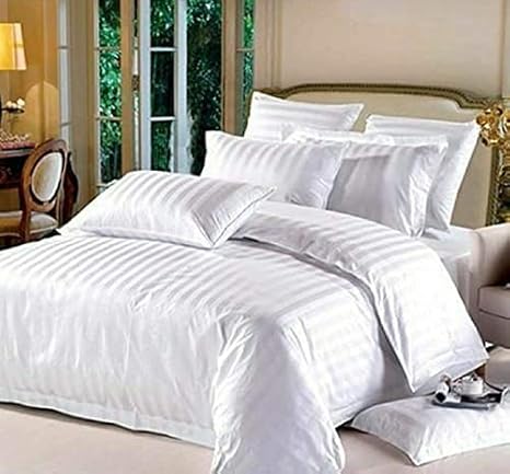 Maple Linens Cotton Satin Stripe White Bed Sheet, 350 Thread Count, Premium Comfort Cotton Bedsheets for Home, Hotels & Guest House (Queen)